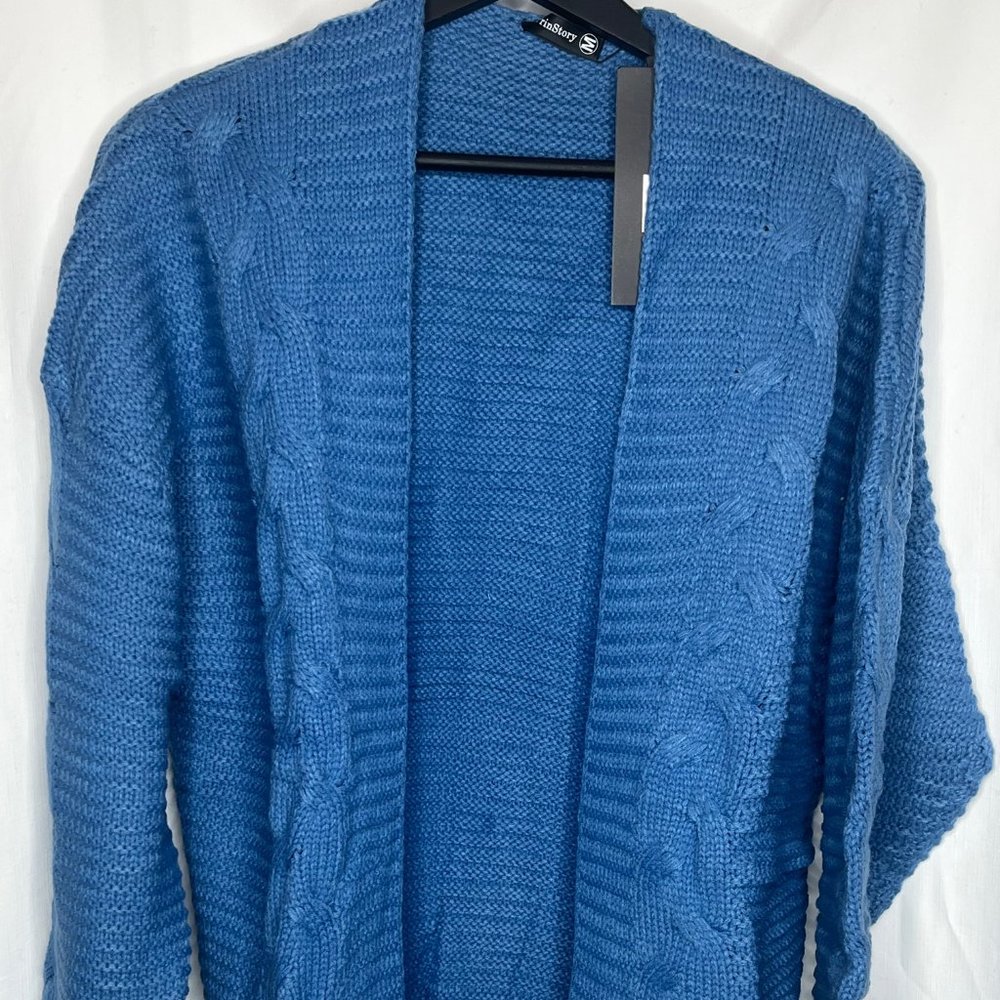 Women's Soft Knit Lake Blue Cardigans with Chunky Sleeves and an Open Front.